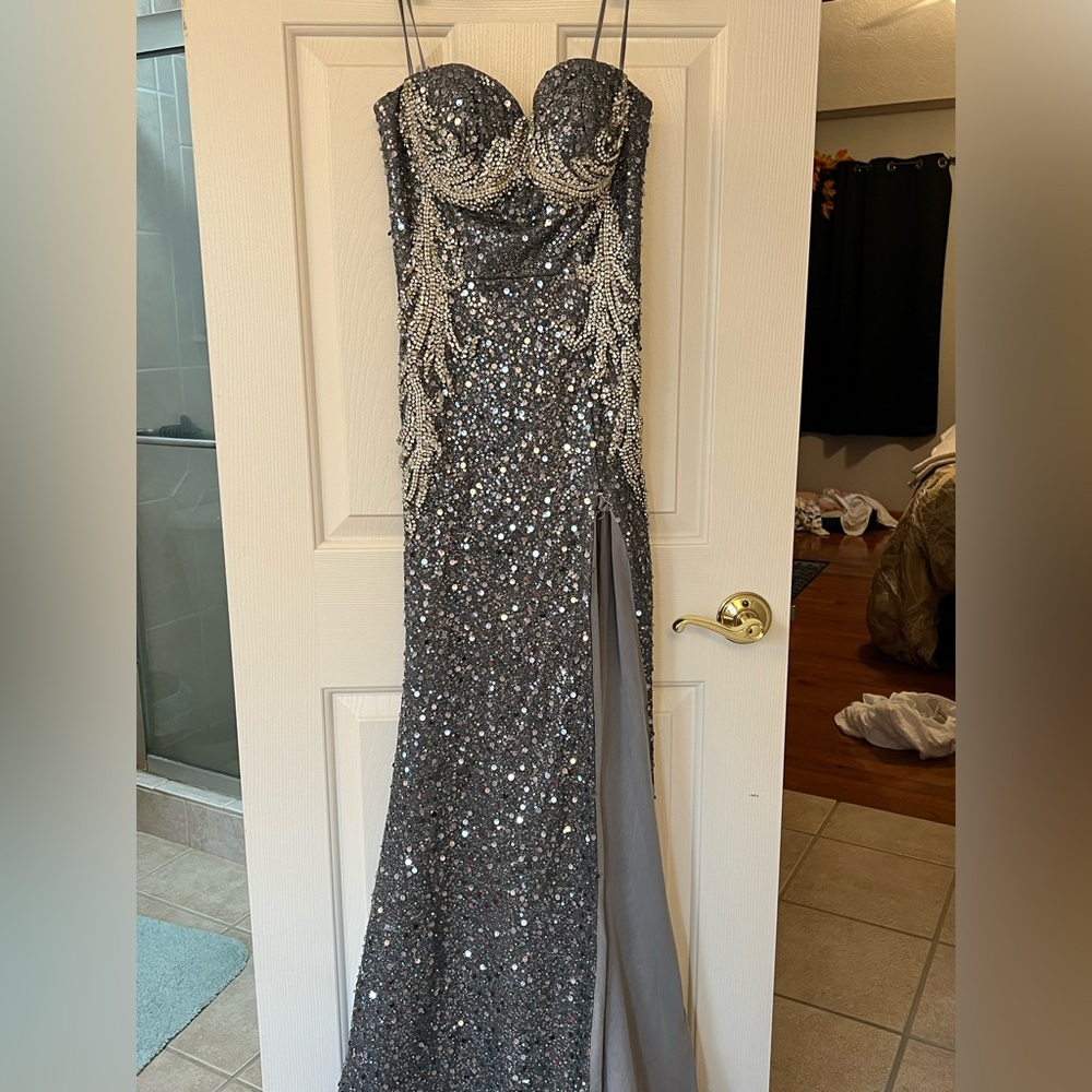 Portia and Scarlett Silver Sequin Prom Dress